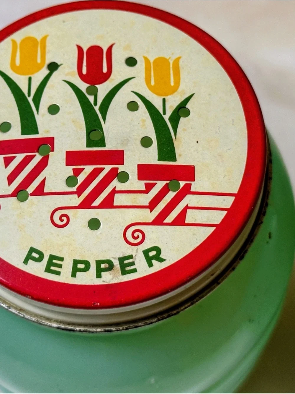 Fire King Jadeite Ribbed Glass Jars with Red Floral Lids